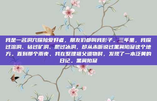 我是一名洞穴探险爱好者，朋友们都叫我影子。三年里，我探过溶洞、钻过矿洞、爬过冰洞，却从未听说过黑翼陷窟这个地方。直到那个雨夜，我在整理祖父遗物时，发现了一本泛黄的日记。黑翼陷窟